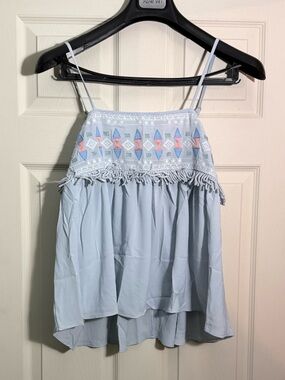 Light Blue Embroidered Fringe Spaghetti Strap Top